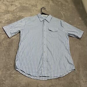 Criquet Shirt Mens Large Blue White Gingham Short Sleeve Pearl Snap Front